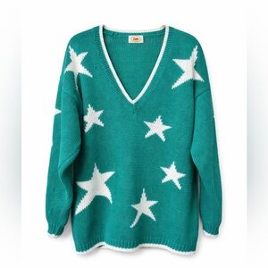 Marsh Landing Vintage Teal Star Knit V-Neck Sweater Size M